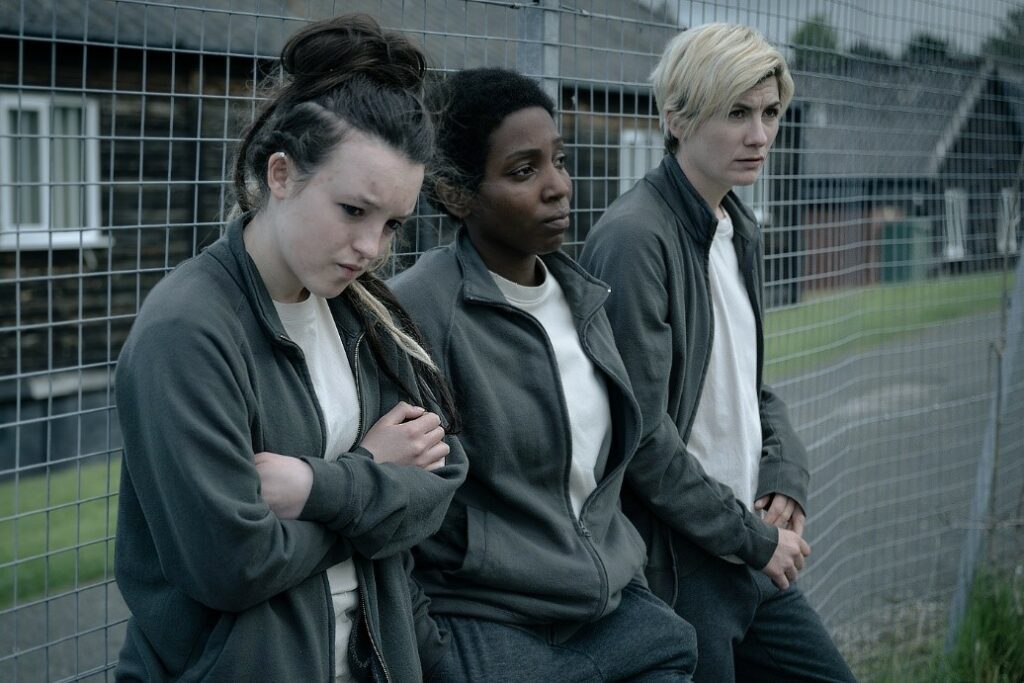 Image caption: Bella Ramsay, Tamara Lawrance and Jodie Whittaker as Kelsey, Abi and Orla in Time series 2